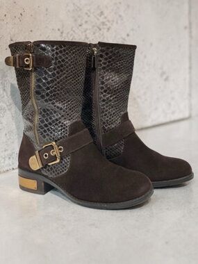 Vince Camuto Winchell Brown Leather Reptile Upper Gold Detail Boots